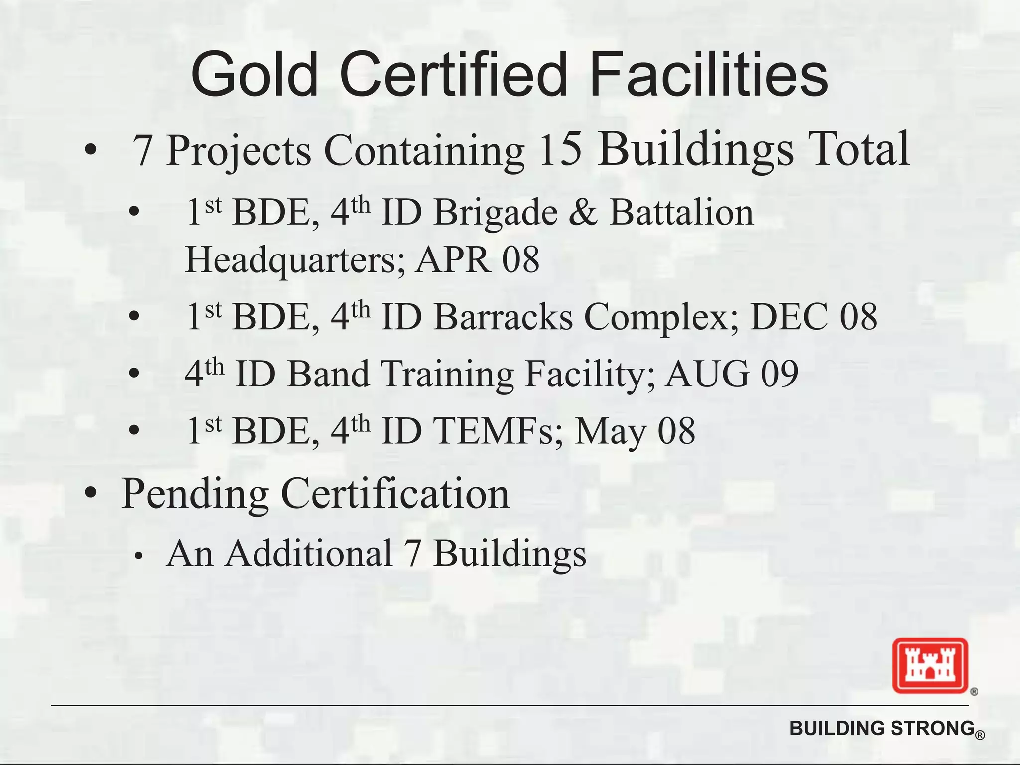 BUILDING STRONG®
Gold Certified Facilities
• 7 Projects Containing 15 Buildings Total
• 1st BDE, 4th ID Brigade & Battalion
Headquarters; APR 08
• 1st BDE, 4th ID Barracks Complex; DEC 08
• 4th ID Band Training Facility; AUG 09
• 1st BDE, 4th ID TEMFs; May 08
• Pending Certification
• An Additional 7 Buildings
 