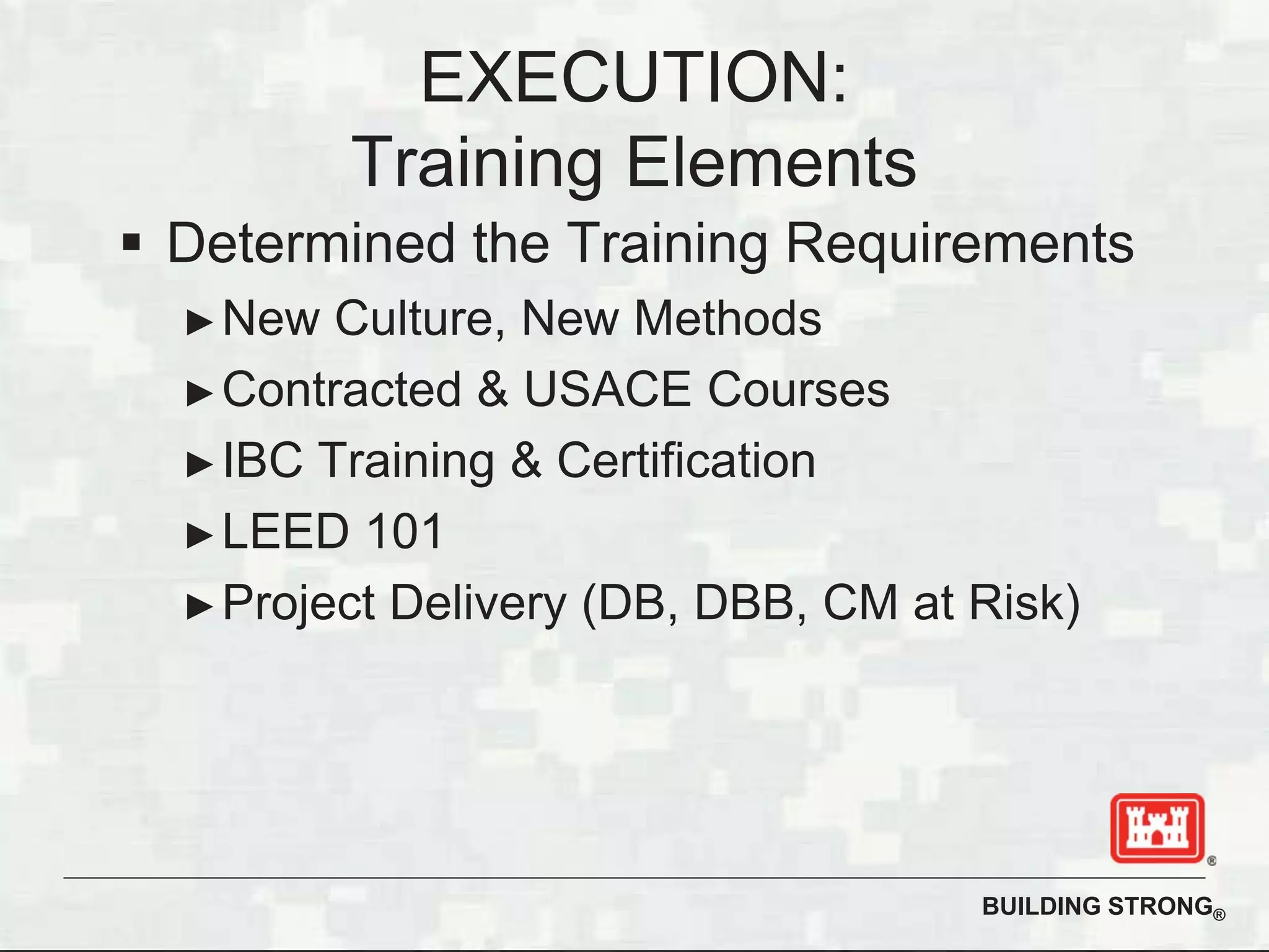BUILDING STRONG®
Determined the Training Requirements
New Culture, New Methods
Contracted & USACE Courses
IBC Training & Certification
LEED 101
Project Delivery (DB, DBB, CM at Risk)
EXECUTION:
Training Elements
 