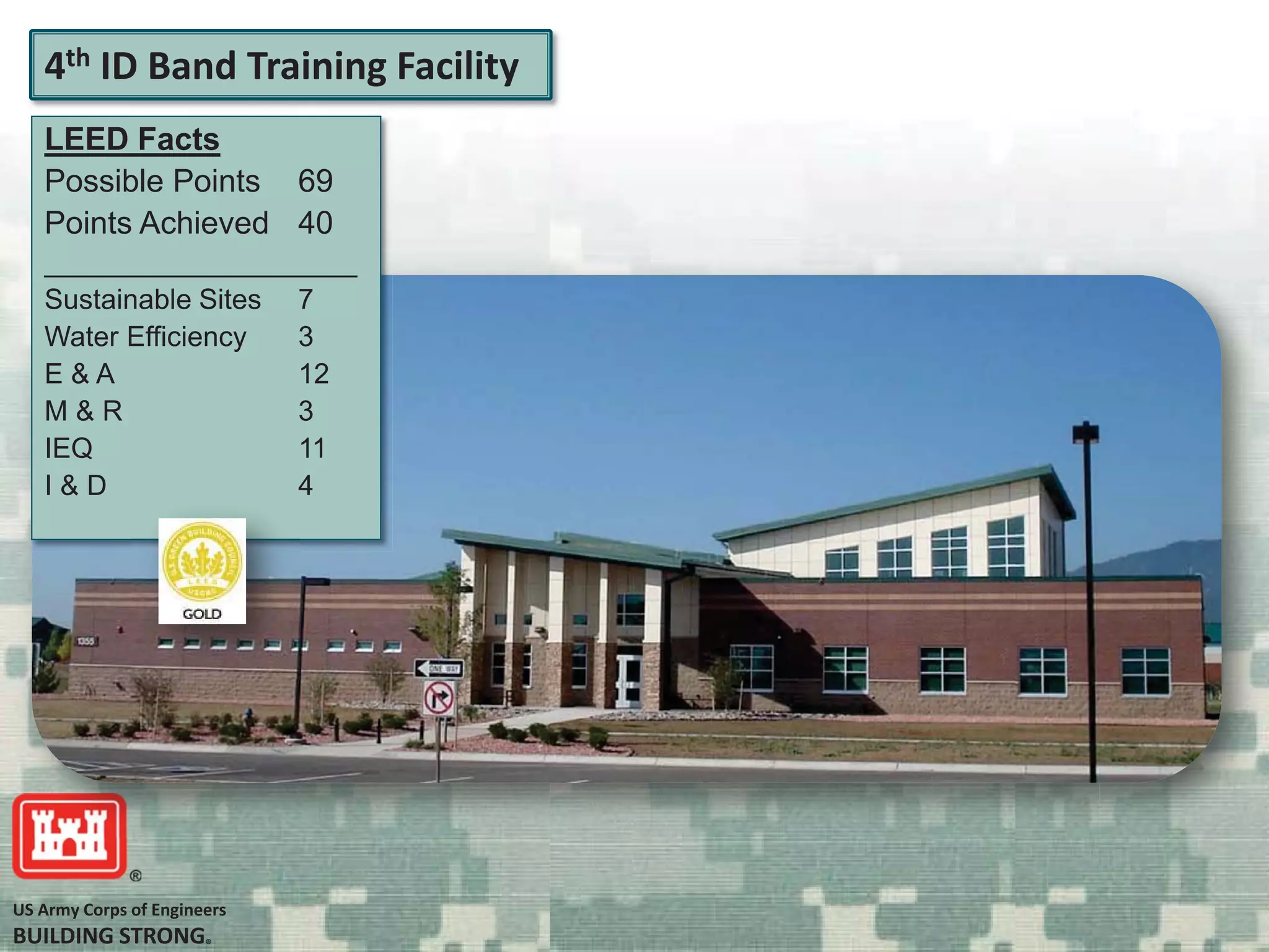 US Army Corps of Engineers
BUILDING STRONG®
LEED Facts
Possible Points 69
Points Achieved 40
____________________
Sustainable Sites 7
Water Efficiency 3
E & A 12
M & R 3
IEQ 11
I & D 4
4th ID Band Training Facility
4
 