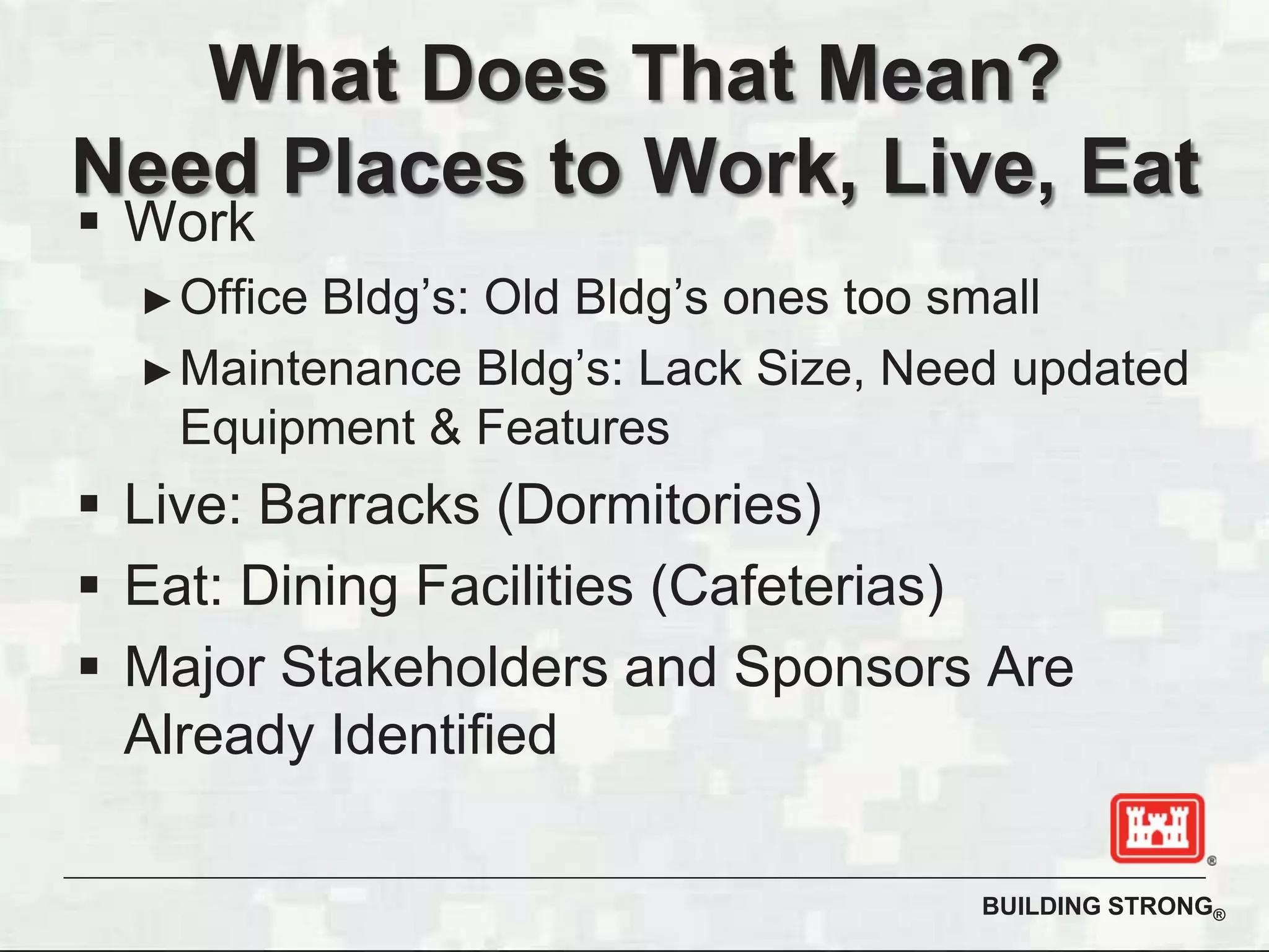 BUILDING STRONG®
What Does That Mean?
Need Places to Work, Live, Eat
Work
Office Bldg’s: Old Bldg’s ones too small
Maintenance Bldg’s: Lack Size, Need updated
Equipment & Features
Live: Barracks (Dormitories)
Eat: Dining Facilities (Cafeterias)
Major Stakeholders and Sponsors Are
Already Identified
 