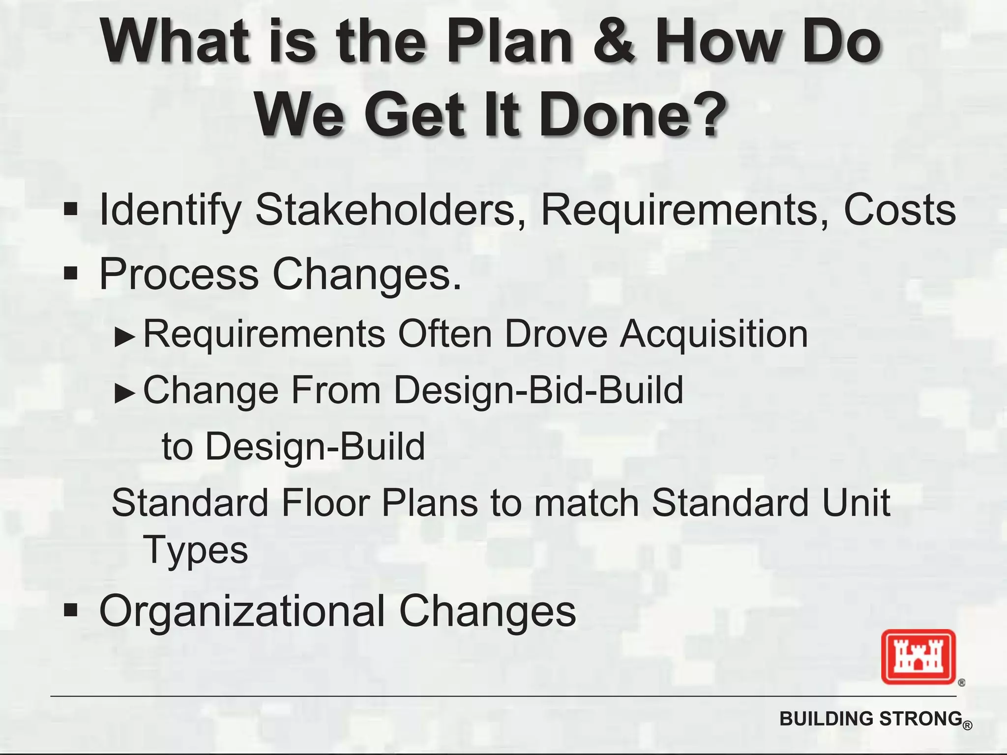 BUILDING STRONG®
What is the Plan & How Do
We Get It Done?
Identify Stakeholders, Requirements, Costs
Process Changes.
Requirements Often Drove Acquisition
Change From Design-Bid-Build
to Design-Build
Standard Floor Plans to match Standard Unit
Types
Organizational Changes
 