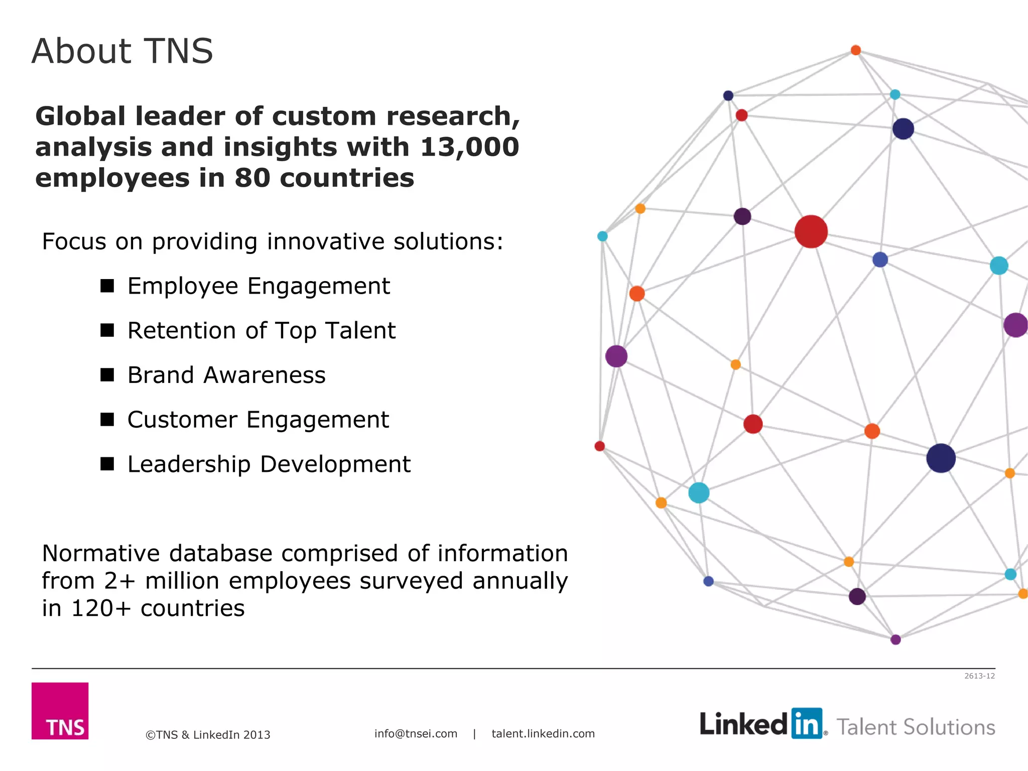 ©TNS & LinkedIn 2013 info@tnsei.com | talent.linkedin.com
2613-12
About TNS
Focus on providing innovative solutions:
 Employee Engagement
 Retention of Top Talent
 Brand Awareness
 Customer Engagement
 Leadership Development
Normative database comprised of information
from 2+ million employees surveyed annually
in 120+ countries
Global leader of custom research,
analysis and insights with 13,000
employees in 80 countries
 