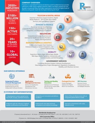 COMPANY OVERVIEW:
R Systems is a specialized IT Services & Solutions and IT-enabled Services provider
catering to a wide range of global customers. With a rich legacy spread over two
decades, we generate Value that helps organizations transcend to higher levels of
R SYSTEMS’KEY DIFFERENTIATORS
OUR SERVICE OFFERINGS
write to rsi.marketing@rsystems.com www.rsystems.com
2050+
EMPLOYEES
WORLDWIDE
$100+
MILLION
GLOBAL
BUSINESS
150+
ACTIVE
CUSTOMERS
20+
YEARS
OF DELIVERY
EXCELLENCE
10+
GLOBAL
CENTERS
Strong focus on innovation and delivery
excellence
Professionals with deep technical
competence and industry knowledge
State-of-the-art infrastructure with an
integrated global delivery model
13 development centers spread across
Endowed with the industry's highest Executive commitment with value
placed on trust
TELECOM & DIGITAL MEDIA
Expertise in Business Support Systems, Digital
Media Platforms – IPTV & DVB, Value Added
Services, and Core Network Systems
BANKING & FINANCE
Proven services for Retail Banking,
Corporate Finance, Corporate Banking, Channel
Integration, and Regulatory Compliance
MANUFACTURING & LOGISTICS
Collaborative Supply Chain Solutions,
Enterprise Solutions, System Integration, and
Custom-built services
MOBILITY
Expertise in Native Apps, Hybrid Apps, Mobile
Web Apps, Mobile Payments, Connectivity and
Communication, and GUI Designing
GOVERNMENT SERVICES
Consulting, Business Analysis, Software Development,
Data Management, Project Management, Regulatory Compliance,
Mobility, and E-Business Services
HEALTHCARE
Comprehensive range of services and
solutions for Healthcare Services Providers,
Payers, and Organizations
Integrated Product
Lifecycle Management
Comprehensive Product
Engineering Services for
Independent Software Vendors
Packaged Services
Proven Packaged
Solutions for Higher
Return on Investment
BPO Services
Business Process
Outsourcing Services
for Multiple Industries
Testing and Quality
Assurance
Full Spectrum of Testing &
QA Services for Impeccable
Product Quality
Application
Management Services
End-to-end Application
Development and
Maintenance Services
Worldwide Headquarter
R Systems international Ltd., C - 40, Sector - 59, Noida 201307 (UP), India, P: (+91) 120 - 430 3500, F: (+91) 120 - 2587123
USA Corporate Office
R Systems Inc., 5000 Windplay Drive Suite 5, EI Dorado Hills, CA 95762, P: (800)355 - 5159, F: (916)939 - 9697
 