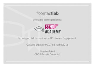 attesta la partecipazione a
la due giorni di formazione sul Customer Engagement
Cascina Erbatici (PV), 7 e 8 luglio 2016
Massimo Fubini
CEO & Founder Contactlab
 