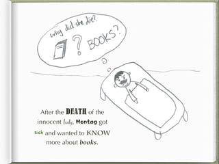After the death of the
innocent lady, Montag got
sick and wanted to know
more about books.
 
