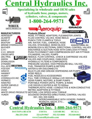 MANUFACTURERS Products Offered
AEROQUIP HOSE, FITTINGS, ADAPTERS, FLEXMASTER JOINTS
ALEMITE FLUID CONTROL VALVES, HOSE REELS
BAND-IT PUNCH TYPE CLAMPS & TOOLS
BOSTON AIR, WATER, FUEL, CHEMICAL HOSE
BRAND HYDRAULICS VALVES, STACKABLE, MONO BLOCK
BUCHER MONOBLOCK & SECTIONAL DIRECTIONAL CONTROL VALVES
C.H.I . DISCHARGE & SUCTION HOSE WITH CAM-LOCK FITTINGS
C.H.I. BRASS PUSH-TO-CONNECT AND COMPRESSION DOT AIR FITTINGS
CROSS MFG. CYLINDERS, VALVES, PUMPS
DELTROL NEEDLE, FLOW CONTROL, CHECK & CARTRIDGE VALVES
DIXON VALVES AND COUPLINGS, CAMLOCKS
DONALDSON HYDRAULIC FILTERS & COMPONENTS
DYNAMIC PRESSURE GAUGES, HIGH PRESSURE BALL VALVES
FILL-RITE FUEL TRANSFER PUMPS & METERS
FOSTER WATER & AIR DISCONNECTS
GRACO BULK FLUID AND GREASE DISPENSING AIR PUMPS
HANNAY HOSE REELS
HUSKY FUEL NOZZLES & ACCESSORIES
HYDRAULICS INC. FULL TIME HYDRAULIC 3000psi LIVE SWIVELS
PERMCO GEAR PUMPS, MOTORS, & DUMP PUMPS
RAM-PAC PORTABLE POWER UNITS, PUMPS, & RAMS
SUPER SWIVELS LIVE SWIVELS WATER & AIR TO 5000psi
SYNFLEX THERMOPLASTIC HOSE / CONDUCTIVE & NON-CONDUCTIVE
VOSS METRIC ADAPTERS & FITTINGS
WHITE DRIVE PRODUCTS MOTORS, LOW SPEED HIGH TORQUE
YUKEN SOLENOID OPERATED DIRECTIONAL CONTROL VALVES
D01, D03, D05 SIZES
INTERCHANGEABLE WITH VICKERS, PARKER,
REXROTH, NACHI, ETC...
WHITEWHITE
DRIVE PRODUCTSDRIVE PRODUCTS
Donaldson
Filters
005-F-02
Central Hydraulics Inc.
Specializing in wholesale and OEM sales
of hydraulic hose, pumps, motors,
cylinders, valves, & components
1-800-264-9571
Central Hydraulics Inc. 1-800-264-9571
DAYTONA BEACH COCOA LEESBURG OCALA
386-253-2568 321-639-9967 352-323-8008 352-840-0842
www.CentralHydraulics.com
 