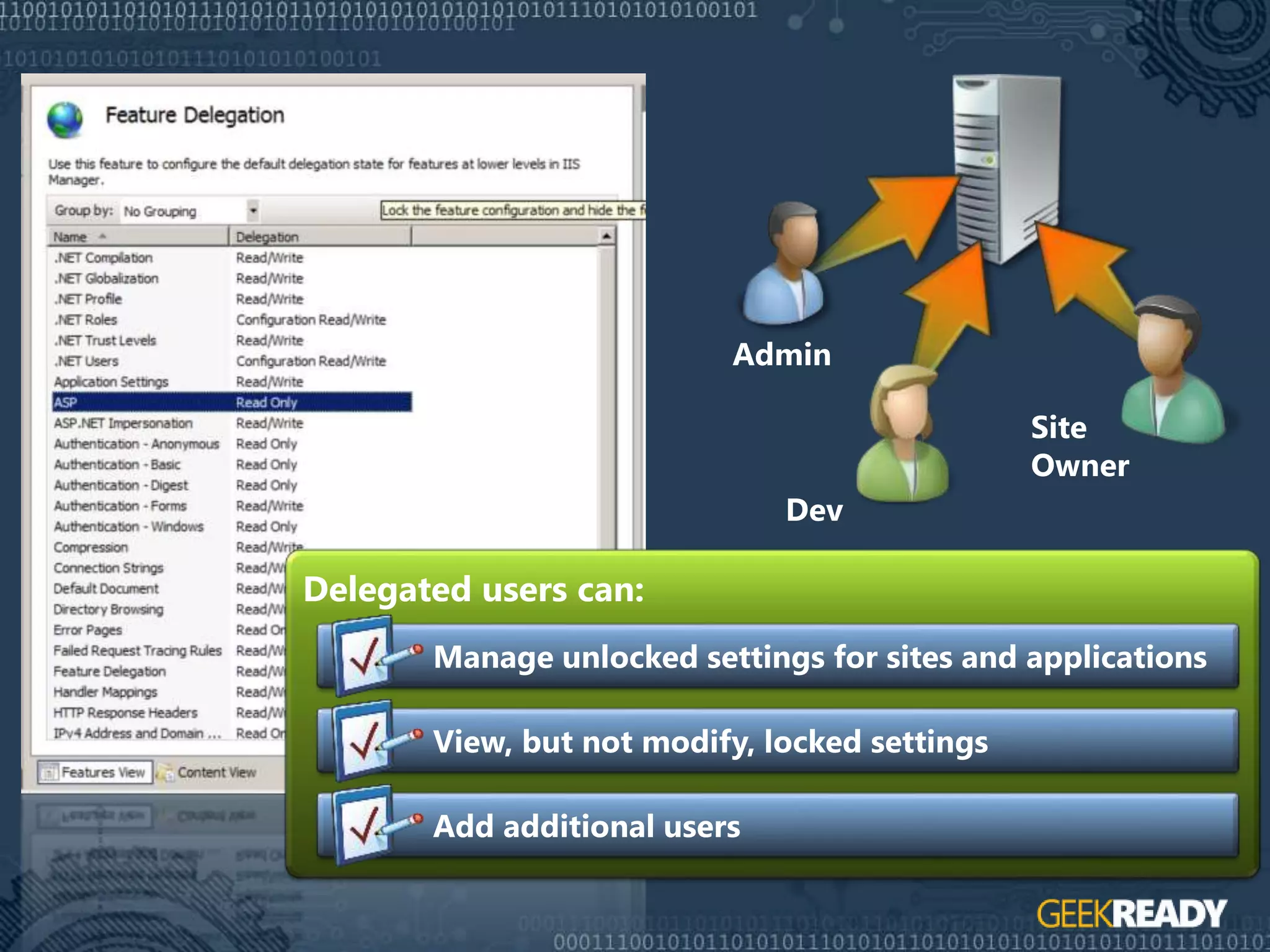 Admin
Site
Owner
Dev
Delegated users can:
Manage unlocked settings for sites and applications
View, but not modify, locked settings
Add additional users
 
