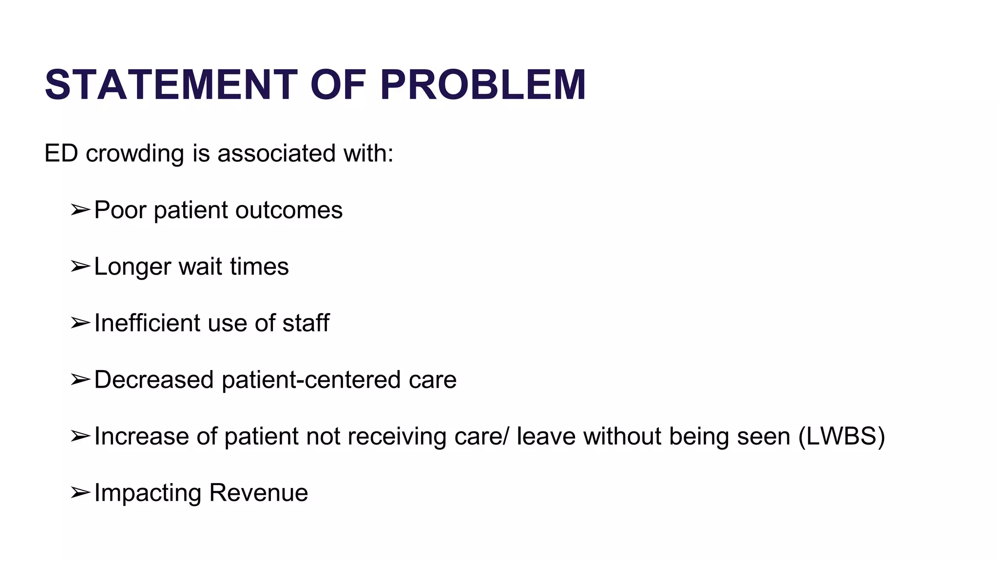 STATEMENT OF PROBLEM
ED crowding is associated with:
➢Poor patient outcomes
➢Longer wait times
➢Inefficient use of staff
➢Decreased patient-centered care
➢Increase of patient not receiving care/ leave without being seen (LWBS)
➢Impacting Revenue
 
