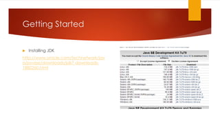 Getting Started
 Installing JDK
http://www.oracle.com/technetwork/jav
a/javase/downloads/jdk7-downloads-
1880260.html
 