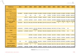 CARPE EBORA HOTEL - MAIO DE 2016 124
Rubricas 2016 2017 2018 2019 2020 2021 2022 2023 2024 2025 2026 2027
Capital Próprio e Passivo
Capital Próprio
Capital Realizado 524 800 € 524 800 € 524 800 € 524 800 € 524 800 € 524 800 € 524 800 € 524 800 € 524 800 € 524 800 € 524 800 € 524 800 €
Reservas legais 0 € 0 € 0 € 0 € 0 € 4 333 € 12 178 € 25 171 € 42 828 € 66 383 € 96 015 €
Resultados transitados* -6 651 € -18 623 € -80 674 € -79 060 € -40 002 € 3 340 € 82 149 € 226 059 € 468 266 € 797 850 € 942 990 €
Resultado líquido do
período -6 651 € -11 972 € -62 050 € 1 614 € 39 058 € 47 675 € 86 654 € 156 903 € 259 864 € 353 139 € 471 097 € 592 648 €
Total do Capital
Próprio 518 149 € 506 177 € 444 126 € 445 740 € 484 798 € 532 473 € 619 127 € 776 030 €
1 035 894
€
1 389 033
€
1 860 129
€
2 156 454
€
Passivo
Passivo Não Corrente
Financiamentos obtidos 1 026 445 € 1 278 805 1 240 237 1 076 101 909 462 € 740 243 € 568 365 € 393 747 € 217 744 € 77 575 € 0 €
Total
1 026 445 € 1 278 805 1 240 237
1 076 101
€ 909 462 € 740 243 € 568 365 € 393 747 € 217 744 € 77 575 € 0 € 0 €
Passivo Corrente
Fornecedores 44 378 € 41 142 € 42 302 € 43 753 € 45 125 € 46 272 € 47 465 € 48 705 € 49 996 € 51 342 €
Estado e outros entes
públicos 43 148 € 45 814 € 46 668 € 48 941 € 49 800 € 53 347 € 55 692 € 58 935 € 60 099 € 67 264 €
Financiamentos obtidos 38 990 € 142 907 € 164 233 € 94 801 €
Total 0 € 0 € 87 526 € 86 956 € 88 970 € 92 694 € 133 916 € 242 525 € 267 391 € 202 441 € 110 095 € 118 606 €
Total do Passivo
1 026 445 € 1 278 805
1 327 763
€
1 163 057
€ 998 432 € 832 936 € 702 280 € 636 272 € 485 134 € 280 017 € 110 095 € 118 606 €
Total do Capital
Próprio e do Passivo 1 544 594 € 1 784 982 1771889 1 608 797 1483230 1 365 409 1 321 407 1 412 302 1 521 028 1 669 049 1 970 225 2 275 059
Tabela 13: Balanço Provisional (fonte: Própria)
 