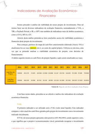 CARPE EBORA HOTEL - MAIO DE 2016 129
Indicadores de Avaliação Económico-
Financeira
Iremos proceder à análise da viabilidade do nosso projeto de investimento. Para tal
iremos fazer uso de diversos indicadores de avaliação financeira, nomeadamente o VAL, a
TIR, o Payback Period, o IR, o APV mas também de indicadores mais de âmbito económico,
como o EVA, MVA e EV.
Através desta análise pretende-se tirar conclusões acerca da viabilidade económica e
financeira deste projeto de investimento.
Para começar, partimos do mapa de cash flow anteriormente elaborado (Anexo 101) e
atualizamo-los ao wacc (anexo), isto é, ao custo do capital próprio. Utilizou-se esta taxa, uma
vez que se pretende analisar a viabilidade económica do projeto, com decisões de
financiamento.
A tabela seguinte mostra os cash flows do projeto líquidos e após serem atualizados ao wacc.
Com base nestes dados, procedeu-se ao cálculo e análise dos indicadores de avaliação
económico-financeira.
VAL
O primeiro indicador a ser utilizado será o VAL (valor atual líquido). Este indicador
compara o valor atual dos cash flows gerados pelo projeto de investimento com o investimento
realizado inicialmente.
O VAL do nosso projeto apresenta valor positivo (451.963,98 €), sendo superior a zero,
o que significa que o projeto é economicamente viável, permitindo recuperar o investimento
2016 2017 2018 2019 2020 2021 2022 2023 2024 2025 2026 2027
Cash Flow do
Projeto
-740500€ -491.217€ 27.667€ 104.936€ 113.945€ 142.806€ 151.267 233.573€ 318.623€ 372.100€ 375.885 759.826€
Cash Flow
Atualizado
-740500€ -466.232€ 24.930€ 89.731€ 92.415€ 109.90€ 110.152€ 161.003€ 207.476€ 228.532€ 217.812€ 416.850 €
Tabela 16: Mapa de cash-flows atualizados (fonte: Própria)
 