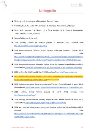 CARPE EBORA HOTEL - MAIO DE 2016 151
Bibliografia
Mota, A. et al, Investimentos Financeiros: Teoria e Casos
Custódio, C., A. G. Mota, 2007, Finanças da Empresa, Booknomics, 2ª Edição
Mota, A.G., Barroso, C.S., Nunes, J.P. e M.A. Ferreira, 2010, Finanças Empresariais,
Teoria e Prática, Sílabo, 4ª edição
Webgrafia (Normas de Harvard)
2016. [online]. Turismo de Portugal [viewed 21 February 2016]. Available from:
http://turismo2020.turismodeportugal.pt/pt/
2016. Empreendimentos Turísticos. [online]. Turismo de Portugal [viewed 21 February 2016].
Available from:
http://www.turismodeportugal.pt/Portugu%C3%AAs/conhecimento/legislacao/licenciamentoeu
tilidadeturistica/empreendimentosturisticos/Pages/EmpreendimentosTur%C3%ADsticos.aspx
2016. Autoridade Tributária e Aduaneira. [online]. Portal das Finanças [viewed 21 February 2016].
Available from: http://info.portaldasfinancas.gov.pt/pt/informacao_fiscal/codigos_tributarios/
2016. [online]. Pordata [viewed 2 March 2016]. Available from: http://www.pordata.pt/
http://www.forbes.com/sites/gilpress/2015/07/30/9-new-predictions-and-market-assessments-
for-the-internet-of-things-iot/#4e15f3167203 link indisponivel
2016. Assinantes do acesso à internet em Portugal. [online]. Pordata [viewed 18 March 2016].
Available from: http://www.pordata.pt/Portugal/Assinantes+do+acesso+%c3%a0+Internet-2093
2016. [online]. United Nations [viewed 18 March 2016]. Available from:
http://esa.un.org/unpd/wpp/
2016. Strategy and the Internet. [online]. Harvard Business Review [viewed 18 March 2016].
Available from: https://hbr.org/2001/03/strategy-and-the-internet/ar/1
2014. More than half of internet users connect on the move. [online]. INE [viewed 18 March 2016].
Available from:
https://www.ine.pt/xportal/xmain?xpid=INE&xpgid=ine_destaques&DESTAQUESdest_boui=211
422735&DESTAQUESmodo=2
 