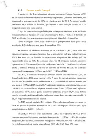 CARPE EBORA HOTEL - MAIO DE 2016 44
5.1.7. Procura atual - Portugal
O ano de 2015 foi de crescimento da atividade turística em Portugal. Segundo o INE,
em 2015 os estabelecimentos hoteleiros em Portugal registaram 17,4 milhões de hóspedes, que
corresponde a um crescimento de 8,6% em relação ao ano de 2014. No mesmo sentido,
totalizou-se 48,9 milhões de dormidas, que equivale a uma evolução positiva de 6,7%
comparativamente com o ano anterior.
O tipo de estabelecimento preferido para os hóspedes continuam a ser os Hotéis,
nomeadamente os de 4 estrelas. Os hotéis totalizaram cerca de 37.337 milhões de dormidas em
2015, seguido dos Hotéis-Apartamentos que registaram 6.906 milhões de dormidas.
Dentro da categoria Hotéis, os de 4 estrelas são os que apresentam maior quota (48%),
seguido dos de 3 estrelas com uma quota de mercado de 22%.
As dormidas de residentes fixaram-se em 14,5 milhões (+5,3%), ainda assim este
número corresponde a um desacelaramento face ao ano anterior, onde este parâmetro cresceu
12,8%. Por outro lado, as dormidas de não residentes atingiram os 34,4 milhões (+7,3%),
representando cerca de 70% das dormidas totais. Os 12 principais mercados emissores
representaram 82,0% das dormidas de não residentes no ano de 2015 (80,8% em dezembro de
2014). O mercado britânico evidenciou um aumento de procura de 8,7% nas dormidas,
representando uma quota de 18,6% no ano de 2015 (+9,1% em 2014).
Em 2015, as dormidas do mercado espanhol tiveram um acréscimo de 3,2%, em
desaceleração face a 2014, onde cresceu 14,6%. A quota do mercado espanhol representou
17% do total de dormidas de não residentes em 2015. As dormidas do mercado alemão, com
uma quota de 13,8% em 2015, cresceu 10,7%, acentuado face ao ano anterior onde tinha apenas
crescido 6,9%. As dormidas de hóspedes provenientes de França (8,2% do total) registaram
um aumento de 11,4%, menos que no ano anterior onde tinha crescido 16,9%. É de destacar
também a evolução positiva dos Estados Unidos e da Irlanda. Estes mercados cresceram 18,1%
e 5,6% respetivamente face ao ano anterior.
Em 2015, a estada média foi 2,81 noites (-1,8%), evolução semelhante à registada em
2014. No período de janeiro a dezembro de 2015, a taxa de ocupação foi 46,1% (+2,1 p.p.),
aumento inferior ao de 2014 (+2,8 p.p.).
Em 2015, os proveitos totais aumentaram 13,1% e os de aposento 14,7%, a preços
correntes, superando ligeiramente a evolução do ano anterior (+12,2% e +13,1%). Os proveitos
de aposento, face aos totais, aumentaram o seu peso de 70,6% em 2014 para 71,6% em 2015.
No período acumulado de janeiro a dezembro de 2015, o RevPAR foi de 37,8 euros.
 