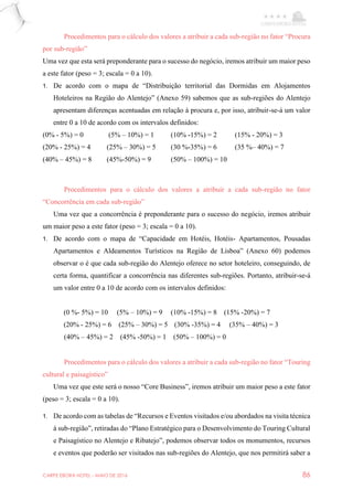 CARPE EBORA HOTEL - MAIO DE 2016 86
Procedimentos para o cálculo dos valores a atribuir a cada sub-região no fator “Procura
por sub-região”
Uma vez que esta será preponderante para o sucesso do negócio, iremos atribuir um maior peso
a este fator (peso = 3; escala = 0 a 10).
1. De acordo com o mapa de “Distribuição territorial das Dormidas em Alojamentos
Hoteleiros na Região do Alentejo” (Anexo 59) sabemos que as sub-regiões do Alentejo
apresentam diferenças acentuadas em relação à procura e, por isso, atribuir-se-á um valor
entre 0 a 10 de acordo com os intervalos definidos:
(0% - 5%) = 0 (5% – 10%) = 1 (10% -15%) = 2 (15% - 20%) = 3
(20% - 25%) = 4 (25% – 30%) = 5 (30 %-35%) = 6 (35 %– 40%) = 7
(40% – 45%) = 8 (45%-50%) = 9 (50% – 100%) = 10
Procedimentos para o cálculo dos valores a atribuir a cada sub-região no fator
“Concorrência em cada sub-região”
Uma vez que a concorrência é preponderante para o sucesso do negócio, iremos atribuir
um maior peso a este fator (peso = 3; escala = 0 a 10).
1. De acordo com o mapa de “Capacidade em Hotéis, Hotéis- Apartamentos, Pousadas
Apartamentos e Aldeamentos Turísticos na Região de Lisboa” (Anexo 60) podemos
observar o é que cada sub-região do Alentejo oferece no setor hoteleiro, conseguindo, de
certa forma, quantificar a concorrência nas diferentes sub-regiões. Portanto, atribuir-se-á
um valor entre 0 a 10 de acordo com os intervalos definidos:
(0 %- 5%) = 10 (5% – 10%) = 9 (10% -15%) = 8 (15% -20%) = 7
(20% - 25%) = 6 (25% – 30%) = 5 (30% -35%) = 4 (35% – 40%) = 3
(40% – 45%) = 2 (45% -50%) = 1 (50% – 100%) = 0
Procedimentos para o cálculo dos valores a atribuir a cada sub-região no fator “Touring
cultural e paisagístico”
Uma vez que este será o nosso “Core Business”, iremos atribuir um maior peso a este fator
(peso = 3; escala = 0 a 10).
1. De acordo com as tabelas de “Recursos e Eventos visitados e/ou abordados na visita técnica
à sub-região”, retiradas do “Plano Estratégico para o Desenvolvimento do Touring Cultural
e Paisagístico no Alentejo e Ribatejo”, podemos observar todos os monumentos, recursos
e eventos que poderão ser visitados nas sub-regiões do Alentejo, que nos permitirá saber a
 