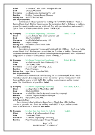 Client : M/s DAMAC Real Estate Developers FZ-LLC
Cost : Dhs 130,000,000.00
Contractor : M/s Engineering Contracting Co. LLC
Position : Resident Engineer/Project Manager
Joining date : April 2008 to Jan 2009
Job Responsibilities:
Supervision of offices / commercial building (4B+G+4P+HC+21 Floors +Roof) at
Tecom, Dubai, UAE. The four basements and the four podium shall be dedicated as parking ,
ground floor as shops and restaurant, health club floor with recreational and pool area and 21
typical floors as offices with total build up area 75,808 Sq.M
5) Company : M/s Barajeel Engineering Consultants Dubai, U.A.E.
Client : M/s AL-Futtaim Real Estate Company LLC
Cost : Dhs 47,250,000.00
Contractor : M/s Bin Belaila Contracting LLC
Position : Project Manager.
Joining date : November 2006 to March 2008.
Job Responsibilities:
Supervision of residential / commercial building (B+G+12 Floors +Roof) at Al Nahda
second, Dubai, UAE. The basement, ground floor and first floor as parking , from second
floor to the fourth floors as offices and the remaining floors as apartments, with a recreational
and pool area at roof level with total build up area 75000 Sq.M
6) Company : M/s Eronat Engineering Consultancy Dubai, U.A.E.
Client : M/s Gold crest (Mr.Essa Al Ghurair) ETA
Cost : Dhs 20,000,000.00
Contractor : M/s Al Sayegh contracting L.L.C.
Position : Project Manager.
Joining date : June 2006 to November 2006.
Job Responsibilities:
Supervision of commercial & office building for M/s Cold crest (Mr. Essa Abdulla
Ahmad Al Ghurair). Building consists of (two basements + ground + mezzanine + first)
floors and build up area is 3620 Sq.M. This building is car showroom and the contract
value Dhs. 20 million At Al qouz First, Dubai.
7) Company : M/s Eronat Engineering Consultancy Abu Dhabi, U.A.E.
Client : M/s Fugro Survey Middle East LTD.
Cost : Dhs 8,000,000.00
Contractor : M/s Gulf Erection Co. (general contracting company).
Position : Resident Engineer as Project Manager.
Joining date : Dec.2004 to June 2006.
Job Responsibilities:
Supervision of office building for Fugro Survey Middle East LTD. Building
consists of (ground + one) floors and build up area is 1802.78 sq.m. And the contract
value is Dhs 8 million At mossafah Abu Dhabi.
8) Company : M/s Ben Ham Gen. Cont. Co. (L.L.C) U.A.E.
Client : M/s East & West International Group
Cost : Dhs 46,000,000.00
Consultant : M/s Eronat Engineering Consultancy.
Position : Project Engineer, deputy Project Manager.
MOHAMMED A. AL-DASHASH
Page 3 of 5
 