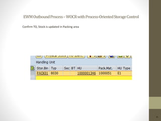 EWMOutboundProcess–WOCRwithProcess-OrientedStorageControl
25
Confirm TO, Stock is updated in Packing area
 