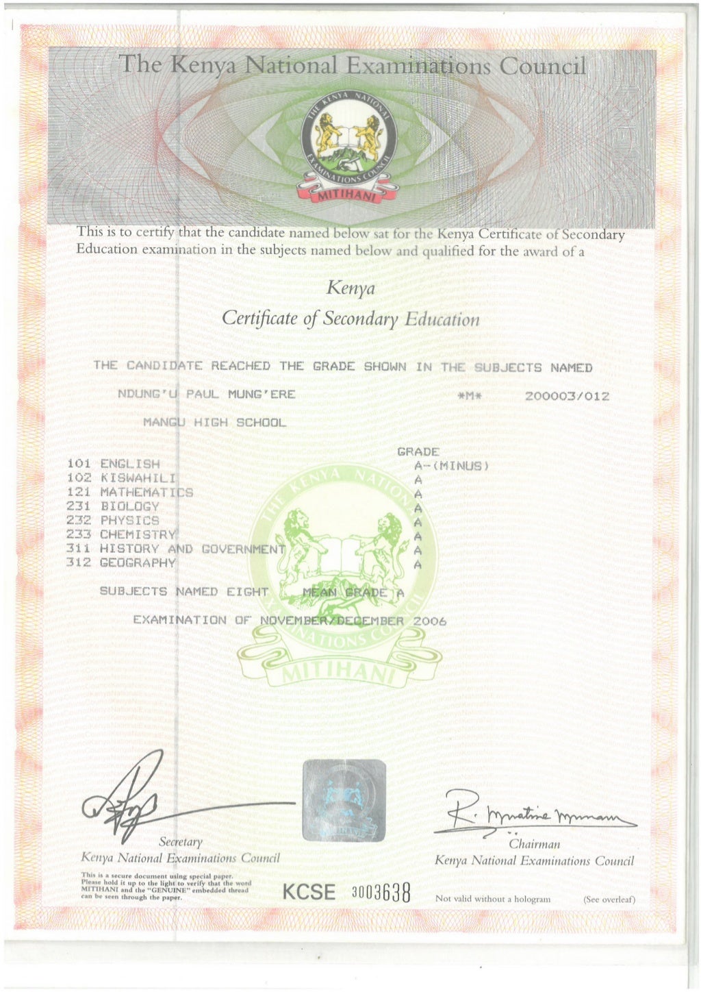 K.C.S.E Certificate