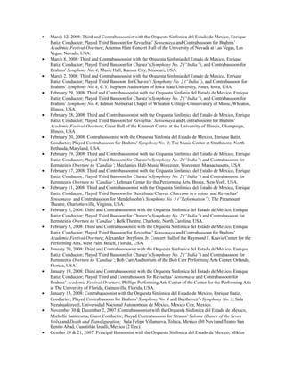 • March 12, 2008: Third and Contrabassoonist with the Orquesta Sinfonica del Estado de Mexico, Enrique
Batiz, Conductor; Played Third Bassoon for Revueltas’ Sensemaya and Contrabassoon for Brahms’
Academic Festival Overture; Artemus Ham Concert Hall of the University of Nevada at Las Vegas, Las
Vegas, Nevada, USA.
• March 8, 2008: Third and Contrabassoonist with the Orquesta Sinfonia del Estado de Mexico, Enrique
Batiz, Conductor; Played Third Bassoon for Chavez’s Symphony No. 2 (“India”), and Contrabassoon for
Brahms’ Symphony No. 4; Music Hall, Kansas City, Missouri, USA.
• March 2, 2008: Third and Contrabassoonist with the Orquesta Sinfonia del Estado de Mexico, Enrique
Batiz, Conductor; Played Third Bassoon for Chavez’s Symphony No. 2 (“India”), and Contrabassoon for
Brahms’ Symphony No. 4; C.Y. Stephens Auditorium of Iowa State University, Ames, Iowa, USA.
• February 29, 2008: Third and Contrabassoonist with the Orquesta Sinfonia del Estado de Mexico, Enrique
Batiz, Conductor; Played Third Bassoon for Chavez’s Symphony No. 2 (“India”), and Contrabassoon for
Brahms’ Symphony No. 4; Edman Memorial Chapel of Wheaton College-Conservatory of Music, Wheaton,
Illinois, USA.
• February 28, 2008: Third and Contrabassoonist with the Orquesta Sinfonica del Estado de Mexico, Enrique
Batiz, Conductor; Played Third Bassoon for Revueltas’ Sensemaya and Contrabassoon for Brahms’
Academic Festival Overture; Great Hall of the Krannert Center at the University of Illinois, Champaign,
Illinois, USA
• February 20, 2008: Contrabassoonist with the Orquesta Sinfonia del Estado de Mexico, Enrique Batiz,
Conductor; Played Contrabassoon for Brahms’ Symphony No. 4; The Music Center at Strathmore, North
Bethesda, Maryland, USA.
• February 19, 2008: Third and Contrabassoonist with the Orquesta Sinfonica del Estado de Mexico, Enrique
Batiz, Conductor; Played Third Bassoon for Chavez’s Symphony No. 2 (“India”) and Contrabassoon for
Bernstein’s Overture to ‘Candide’; Mechanics Hall-Music Worcester, Worcester, Massachusetts, USA.
• February 17, 2008: Third and Contrabassoonist with the Orquesta Sinfonica del Estado de Mexico, Enrique
Batiz, Conductor; Played Third Bassoon for Chavez’s Symphony No. 2 (“India”) and Contrabassoon for
Bernstein’s Overture to ‘Candide’; Lehman Center for the Performing Arts, Bronx, New York, USA.
• February 11, 2008: Third and Contrabassoonist with the Orquesta Sinfonica del Estado de Mexico, Enrique
Batiz, Conductor; Played Third Bassoon for Buxtehude/Chavez Chaccone in e minor and Revueltas’
Sensemaya and Contrabassoon for Mendelssohn’s Symphony No. 5 (“Reformation”); The Paramount
Theatre, Charlottesville, Virginia, USA.
• February 5, 2008: Third and Contrabassoonist with the Orquesta Sinfonica del Estado de Mexico, Enrique
Batiz, Conductor; Played Third Bassoon for Chavez’s Symphony No. 2 (“India”) and Contrabassoon for
Bernstein’s Overture to ‘Candide’; Belk Theatre, Charlotte, North Carolina, USA.
• February 3, 2008: Third and Contrabassoonist with the Orquesta Sinfonica del Estado de Mexico, Enrique
Batiz, Conductor; Played Third Bassoon for Revueltas’ Sensemaya and Contrabassoon for Brahms’
Academic Festival Overture; Alexander Dreyfoos, Jr. Concert Hall of the Raymond F. Kravis Center for the
Performing Arts, West Palm Beach, Florida, USA.
• January 20, 2008: Third and Contrabassoonist with the Orquesta Sinfonica del Estado de Mexico, Enrique
Batiz, Conductor; Played Third Bassoon for Chavez’s Symphony No. 2 (“India”) and Contrabassoon for
Bernstein’s Overture to ‘Candide’; Bob Carr Auditorium of the Bob Carr Performing Arts Center, Orlando,
Florida, USA.
• January 19, 2008: Third and Contrabassoonist with the Orquesta Sinfonica del Estado de Mexico, Enrique
Batiz, Conductor; Played Third and Contrabassoon for Revueltas’ Sensemaya and Contrabassoon for
Brahms’ Academic Festival Overture; Phillips Performing Arts Center of the Center for the Performing Arts
at The University of Florida, Gainesville, Florida, USA.
• January 13, 2008: Contrabassoonist with the Orquesta Sinfonica del Estado de Mexico, Enrique Batiz,
Conductor; Played Contrabassoon for Brahms’ Symphony No. 4 and Beethoven’s Symphony No. 5; Sala
Nezahualcoyotl, Universidad Nacional Autonomous de Mexico, Mexico City, Mexico.
• November 30 & December 2, 2007: Contrabassoonist with the Orquesta Sinfonica del Estado de Mexico,
Michelle Santorsola, Guest Conductor; Played Contrabassoon for Strauss’ Salome (Dance of the Seven
Veils) and Death and Transfiguration; Sala Felipe Villanueva, Toluca, Mexico (30 Nov) and Teatro San
Benito Abad, Cuautitlán Izcalli, Mexico (2 Dec).
• October 19 & 21, 2007: Principal Bassoonist with the Orquesta Sinfonica del Estado de Mexico, Miklos
 