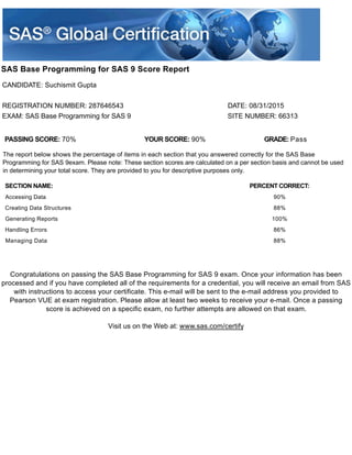 SAS Base Programming for SAS 9 Score Report
CANDIDATE: Suchismit Gupta
REGISTRATION NUMBER: 287646543 DATE: 08/31/2015
EXAM: SAS Base Programming for SAS 9 SITE NUMBER: 66313
PASSING SCORE: 70% YOUR SCORE: 90% GRADE: Pass
The report below shows the percentage of items in each section that you answered correctly for the SAS Base
Programming for SAS 9exam. Please note: These section scores are calculated on a per section basis and cannot be used
in determining your total score. They are provided to you for descriptive purposes only.
SECTION NAME: PERCENT CORRECT:
Accessing Data 90%
Creating Data Structures 88%
Generating Reports 100%
Handling Errors 86%
Managing Data 88%
Congratulations on passing the SAS Base Programming for SAS 9 exam. Once your information has been
processed and if you have completed all of the requirements for a credential, you will receive an email from SAS
with instructions to access your certificate. This e-mail will be sent to the e-mail address you provided to
Pearson VUE at exam registration. Please allow at least two weeks to receive your e-mail. Once a passing
score is achieved on a specific exam, no further attempts are allowed on that exam.
Visit us on the Web at: www.sas.com/certify
 