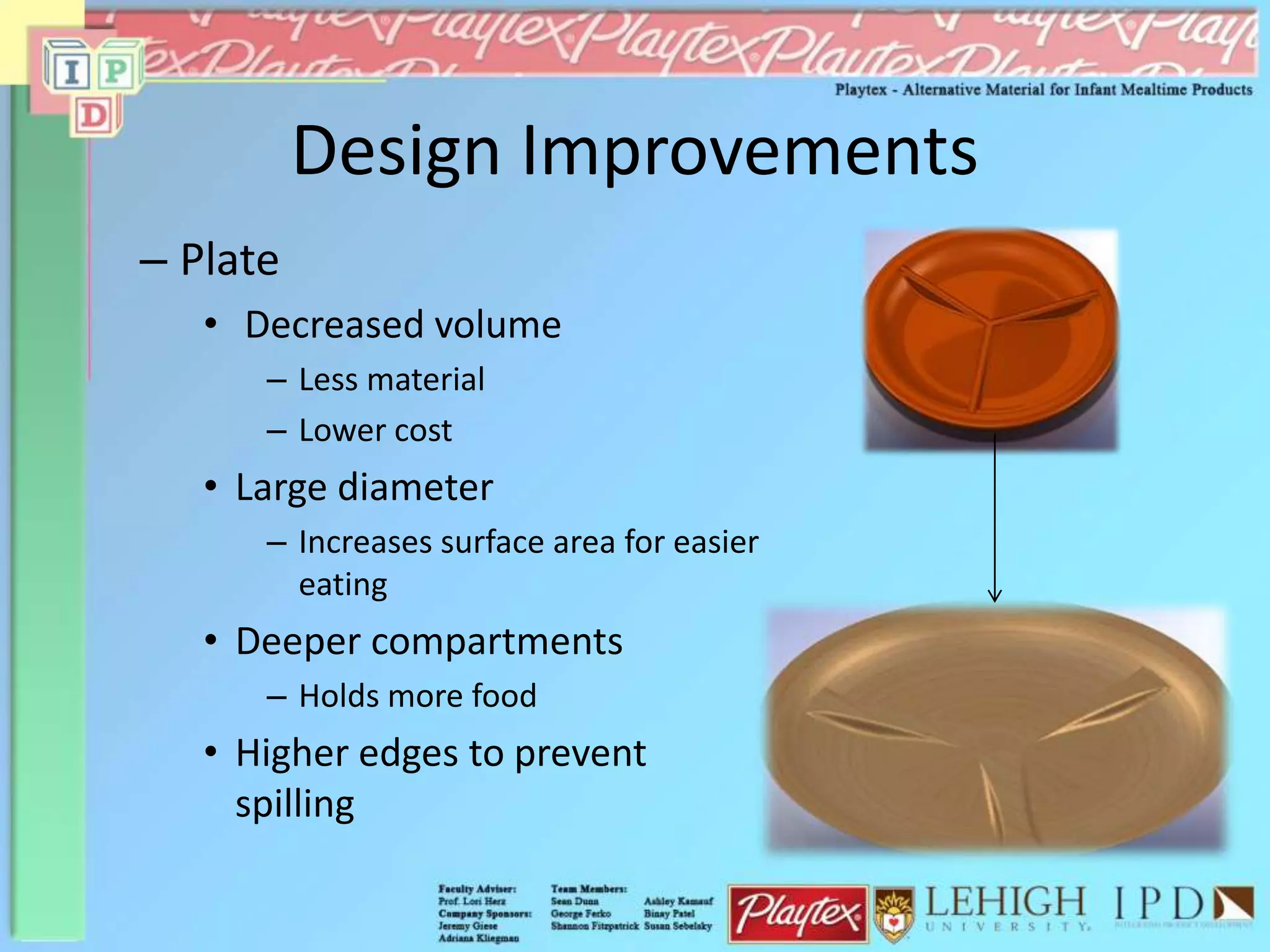 – Plate
• Decreased volume
– Less material
– Lower cost
• Large diameter
– Increases surface area for easier
eating
• Deeper compartments
– Holds more food
• Higher edges to prevent
spilling
Design Improvements
 