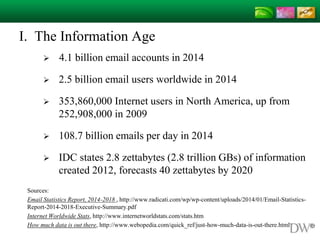 I. The Information Age
 4.1 billion email accounts in 2014
 2.5 billion email users worldwide in 2014
 353,860,000 Internet users in North America, up from
252,908,000 in 2009
 108.7 billion emails per day in 2014
 IDC states 2.8 zettabytes (2.8 trillion GBs) of information
created 2012, forecasts 40 zettabytes by 2020
Sources:
Email Statistics Report, 2014-2018 , http://www.radicati.com/wp/wp-content/uploads/2014/01/Email-Statistics-
Report-2014-2018-Executive-Summary.pdf
Internet Worldwide Stats, http://www.internetworldstats.com/stats.htm
How much data is out there, http://www.webopedia.com/quick_ref/just-how-much-data-is-out-there.html
 