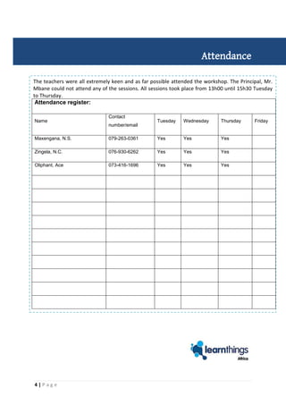 4 | P a g e
The teachers were all extremely keen and as far possible attended the workshop. The Principal, Mr.
Mbane could not attend any of the sessions. All sessions took place from 13h00 until 15h30 Tuesday
to Thursday.
Attendance
Attendance register:
Name
Contact
number/email
Tuesday Wednesday Thursday Friday
Maxengana, N.S. 079-263-0361 Yes Yes Yes
Zingela, N.C. 076-930-6262 Yes Yes Yes
Oliphant, Ace 073-416-1696 Yes Yes Yes
 
