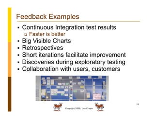Copyright 2009: Lisa Crispin
16
Feedback Examples
  Continuous Integration test results
  Faster is better
  Big Visible Charts
  Retrospectives
  Short iterations facilitate improvement
  Discoveries during exploratory testing
  Collaboration with users, customers
 