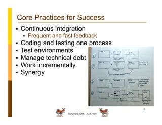 Copyright 2009: Lisa Crispin
17
Core Practices for Success
  Continuous integration
  Frequent and fast feedback
  Coding and testing one process
  Test environments
  Manage technical debt
  Work incrementally
  Synergy
 