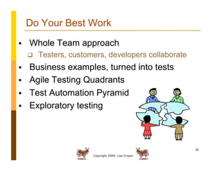Copyright 2009: Lisa Crispin
30
Do Your Best Work
  Whole Team approach
  Testers, customers, developers collaborate
  Business examples, turned into tests
  Agile Testing Quadrants
  Test Automation Pyramid
  Exploratory testing
 