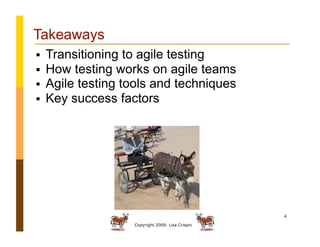 Copyright 2009: Lisa Crispin
4
Takeaways
  Transitioning to agile testing
  How testing works on agile teams
  Agile testing tools and techniques
  Key success factors
 