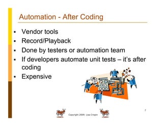 Copyright 2009: Lisa Crispin
7
Automation - After Coding
  Vendor tools
  Record/Playback
  Done by testers or automation team
  If developers automate unit tests – it’s after
coding
  Expensive
 