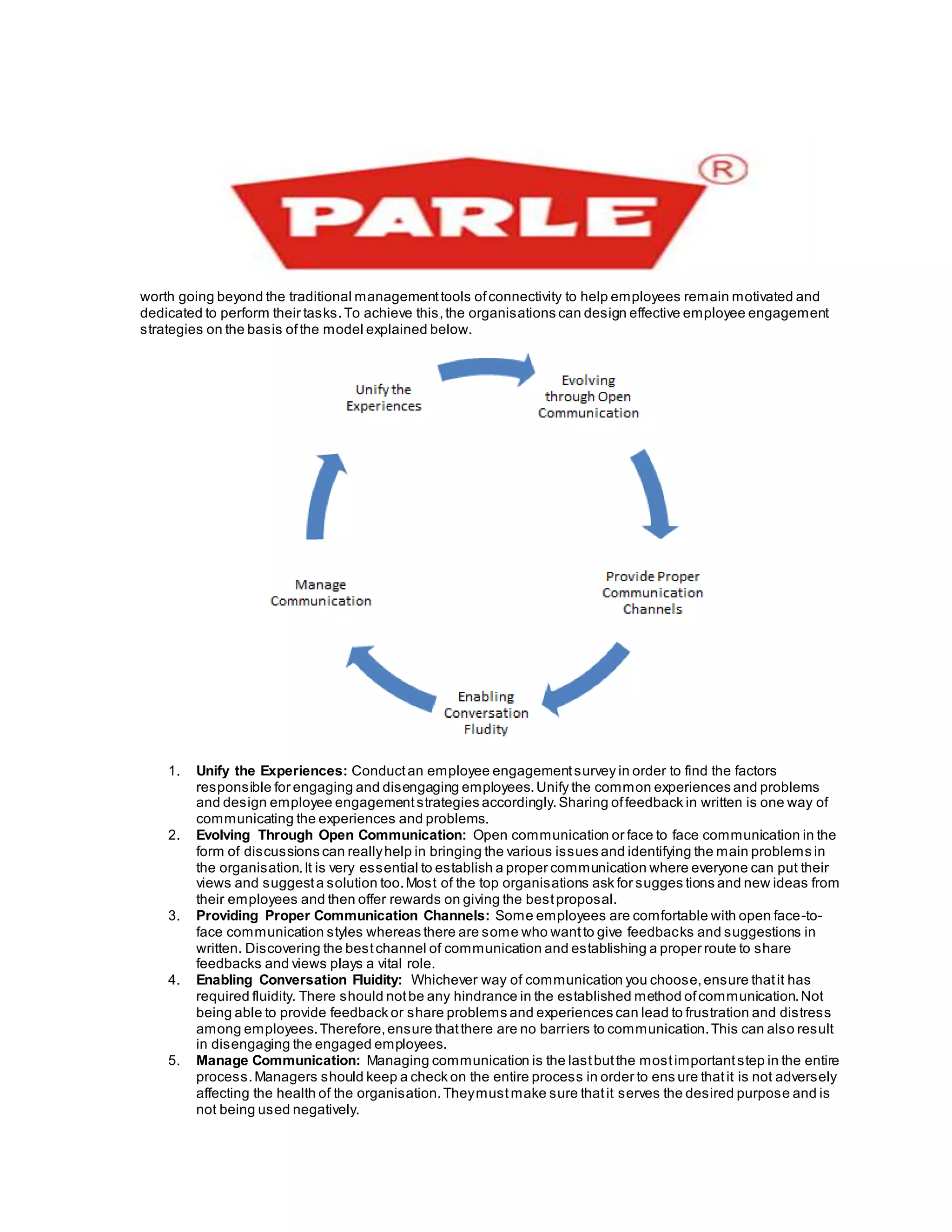 worth going beyond the traditional managementtools ofconnectivity to help employees remain motivated and
dedicated to perform their tasks.To achieve this,the organisations can design effective employee engagement
strategies on the basis ofthe model explained below.
1. Unify the Experiences: Conductan employee engagementsurvey in order to find the factors
responsible for engaging and disengaging employees.Unify the common experiences and problems
and design employee engagementstrategies accordingly.Sharing offeedback in written is one way of
communicating the experiences and problems.
2. Evolving Through Open Communication: Open communication or face to face communication in the
form of discussions can reallyhelp in bringing the various issues and identifying the main problems in
the organisation.It is very essential to establish a proper communication where everyone can put their
views and suggesta solution too.Most of the top organisations ask for sugges tions and new ideas from
their employees and then offer rewards on giving the bestproposal.
3. Providing Proper Communication Channels: Some employees are comfortable with open face-to-
face communication styles whereas there are some who wantto give feedbacks and suggestions in
written. Discovering the bestchannel of communication and establishing a proper route to share
feedbacks and views plays a vital role.
4. Enabling Conversation Fluidity: Whichever way of communication you choose,ensure thatit has
required fluidity. There should notbe any hindrance in the established method ofcommunication.Not
being able to provide feedback or share problems and experiences can lead to frustration and distress
among employees.Therefore,ensure thatthere are no barriers to communication.This can also result
in disengaging the engaged employees.
5. Manage Communication: Managing communication is the lastbutthe mostimportantstep in the entire
process.Managers should keep a check on the entire process in order to ens ure thatit is not adversely
affecting the health of the organisation.Theymustmake sure thatit serves the desired purpose and is
not being used negatively.
 