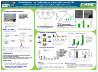 Applications of Life Cycle Analysis in the Production of PETE
Clint Chapman, Attie Pennybaker, Claudia Bode, and Bala Subramaniam
Center for Environmentally Beneficial Catalysis, Chemical and Petroleum Engineering Department, University of Kansas, Lawrence, KS 66047
50 nm
What is PETE? Why is it important?
50 nm
In Lab Research Component
Acknowledgements
This material is based upon work supported by the National Science Foundation
grant EEC-1301051. Additional support provided by the Center for Environmentally
Beneficial Catalysis at the University of Kansas and the Southeast Kansas Education
Service Center-Greenbush.
References
1. Ghanta M, Fahey D, Subramaniam B. Appl Petrochem Res. 2014.
4(2): 167-179
2. Bala Subramaniam et al.. Ind. Eng. Chem. Res. 2013, 52, pp 18-29
3. Bala Subramaniam et al.. Micro. And Meso. Materials. 2014, 190, pp
240-247
Introduction to Life Cycle Analysis
Harvesting of Ethylene Feedstocks
Production of Ethylene Oxide Terephthalic Acid
Are there any alternatives to the
rhenium catalysts?
0
200
400
600
800
1000
1200
Ethanol Ethane Naptha
KgCO2equiv/tonneethylene
Feedstock
Gate to gate
Cradle to
gate
Figure 6. The process of performing
a life cycle analysis and how those
steps apply to a common process,
the production of paper.
Figure 7.
Analyzing gate-to-
gate versus cradle-
to-gate shows that
the real problem is
in harvesting the
feedstocks.
Figure 8. The
conventional process
has a higher production
cost than the CEBC
process, however it
results in less
greenhouse gas
emissions.
Figure 9. The CEBC spray process significantly cuts both
cost and greenhouse gas emissions by eliminating the
hydrogenation step.
Figure 2. A flow chart describing the inputs
and outputs associated with the CEBC
production of Ethylene Oxide.
 Studies predict 297.5
million tonnes of global
plastic consumption in
2015
• We have produced
more plastic in the
last 10 years then
was produced in the
last century
Figures 3, 4, 5 2,3
• Nb-TUD-1 showed highest activity.
 Metal leaching and H2O2 decomposition have
been observed
 Is catalyst acidity the main reason of H2O2
decomposition?
Are there more environmentally friendly
alternatives to these processes?
From: https://creeklife.com/blog/six-reasons-why-plastic-is-bad-for-the-environment
(From: http://www.mr-dt.com/materials/paperandboard.htm)
From: http://www.iftf.org/future-now/article-detail/our-plastic-century/
• Organic building block to chemical industry
• Most produced organic compound worldwide at 133 million tonnes
per year1
Production of Ethylene from Various Feedstocks
• Conventional method requires harsh conditions, higher production
costs and greenhouse gas emissions
• CEBC spray method cuts out hydrogenation section, resulting in lower
operating costs as well as reducing greenhouse gas emissions
Terephthalic Acid
Ethylene Oxide
• 20 million tonnes produced annually 2
• Burning of feedstock generates $1 billion in losses per year 2
• Emits $3.4 million tonnes of CO2 per year (566,000 cars)2
What is the current
production method?
0
10
20
30
40
50
60
70
80
90
100
4100
4200
4300
4400
4500
4600
4700
4800
4900
5000
5100
Nb-TUD-1(200) MTO (Re) Ag
H2O2selectivitytoproducts,%
EOproductivity,mgEO/h/gMetal
 