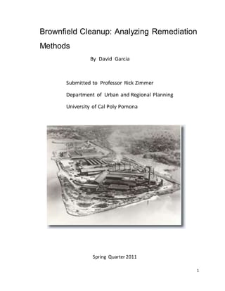 1
Brownfield Cleanup: Analyzing Remediation
Methods
By David Garcia
Submitted to Professor Rick Zimmer
Department of Urban and Regional Planning
University of Cal Poly Pomona
Spring Quarter 2011
 