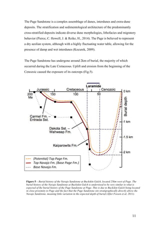   11	
  
The Page Sandstone is a complex assemblage of dunes, interdunes and extra-dune
deposits. The stratification and sedimentological architecture of the predominantly
cross-stratified deposits indicate diverse dune morphologies, lithofacies and migratory
behavior (Pierce, C. Howell, J. & Reike, H., 2014). The Page is believed to represent
a dry aeolian system, although with a highly fluctuating water table, allowing for the
presence of damp and wet interdunes (Kocurek, 2009).
The Page Sandstone has undergone around 2km of burial, the majority of which
occurred during the Late Cretaceous. Uplift and erosion from the beginning of the
Cenozoic caused the exposure of its outcrops (Fig.5).
(Poten'al)+Top+Page+Fm.+
Top+Navajo+Fm.+(Base+Page+Fm.)+
Base+Navajo+Fm.+
Figure 5 – Burial history of the Navajo Sandstone at Buckskin Gulch, located 25km west of Page. The
burial history of the Navajo Sandstone at Buckskin Gulch is understood to be very similar to what is
expected of the burial history of the Page Sandstone at Page. This is due to Buckskin Gulch being located
in close proximity to Page and the fact that the Page Sandstone sits stratigraphically directly above the
Navajo Sandstone, meaning little variation in the expected depth of burial (After Fossen et al, 2011).
 
