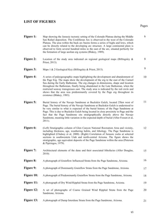   vi	
  
LIST OF FIGURES
Figure 1: Map showing the Jurassic tectonic setting of the Colorado Plateau during the Middle
San Rafael deposition. The Cordilleran Arc is observed to the west of the Colorado
Plateau. The area within the back arc basins forms a series of highs and lows, which
can be directly related to the developing arc structure. A large continental plain is
observed to form several hundred miles to the east of the arc, situated perfectly for
the formation of large aeolian erg systems (Blakey, 1989).
Figure 2: Location of the study area indicated on regional geological maps (Billingsley &
Priest, 2013).
Figure 3: Maps 1 & 2 Geological Key (Billingsley & Priest, 2013).
Figure 4: A series of paleogeographic maps highlighting the development and abandonment of
the Page Erg. The maps show the development of the erg to the east of the Carmel
Sea during the Early Bathonian. The erg changes in dimensions, shape and location
throughout the Bathonian, finally being abandoned in the Late Bathonian, when the
restricted seaway transgresses east. The study area is indicated by the red circle and
shows that the area was predominantly covered by the Page erg throughout its
existence (Blakey, 1983).
Figure 5: Burial history of the Navajo Sandstone at Buckskin Gulch, located 25km west of
Page. The burial history of the Navajo Sandstone at Buckskin Gulch is understood to
be very similar to what is expected of the burial history of the Page Sandstone at
Page. This is due to Buckskin Gulch being located in close proximity to Page and the
fact that the Page Sandstone sits stratigraphically directly above the Navajo
Sandstone, meaning little variation in the expected depth of burial (After Fossen et al,
2011).
Figure 6: (Left) Stratigraphic column of Glen Canyon National Recreation Area and vicinity,
including thickness, age, weathering habits, and lithology. The Page Sandstone is
highlighted (Chidsey et al, 2000). (Right) Correlation of Jurassic rocks at selected
sections in southwestern Utah and north-central Arizona. The figure shows the
stratigraphic, age equivalent deposits of the Page Sandstone within the area (Peterson
& Pipiringos, 1979).
Figure 7: Architectural elements of the dune and their associated lithofacies (After Douglas,
2010).
Figure 8: A photograph of Grainflow Influenced Strata from the Page Sandstone, Arizona.
Figure 9: A photograph of Dominantly Grainflow Strata from the Page Sandstone, Arizona.
Figure 10: A photograph of Predominantly Grainflow Strata from the Page Sandstone, Arizona.
Figure 11: A photograph of Dry Wind Rippled Strata from the Page Sandstone, Arizona.
Figure 12: A set of photographs of Coarse Grained Wind Rippled Strata from the Page
Sandstone, Arizona.
Figure 13: A photograph of Damp Interdune Strata from the Page Sandstone, Arizona.
Pages
6
8
9
10
11
12
15
16
17
18
19
20
21
 