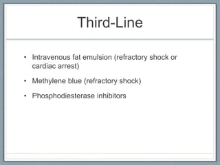 Third-Line
• Intravenous fat emulsion (refractory shock or
cardiac arrest)
• Methylene blue (refractory shock)
• Phosphodiesterase inhibitors
 