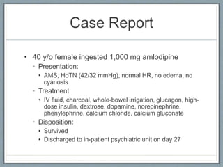 Case Report
• 40 y/o female ingested 1,000 mg amlodipine
• Presentation:
• AMS, HoTN (42/32 mmHg), normal HR, no edema, no
cyanosis
• Treatment:
• IV fluid, charcoal, whole-bowel irrigation, glucagon, high-
dose insulin, dextrose, dopamine, norepinephrine,
phenylephrine, calcium chloride, calcium gluconate
• Disposition:
• Survived
• Discharged to in-patient psychiatric unit on day 27
 