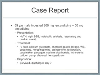 Case Report
• 69 y/o male ingested 300 mg lercandipine + 50 mg
amlodipine
• Presentation:
• HoTN, right BBB, metabolic acidosis, respiratory and
cardiac arrest
• Treatment:
• IV fluid, calcium gluconate, charcoal gastric lavage, WBI,
dopamine, norepinephrine, epinephrine, terlipressin,
pacemaker, glucagon, sodium bicarbonate, intra-aoritc
balloon pump, charcoal hemoperfusion
• Disposition:
• Survived, discharged day 7
 
