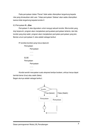 Pada pernyataan diatas “Panas” tidak selalu ditampilkan tergantung kepada
nilai yang dimasukkan oleh user. Tetapi pernyataan ‘Selesai’ akan selalu ditampilkan
karena tidak tergantung kepada kondisi if.
6.2 Pernyataan If....Else
Pernyataan if..else digunakan untuk menguji sebuah kondisi. Bila kondisi yang
diuji terpenuhi, program akan menjalankan pernyuataan-pernyataan tertentu; dan bila
kondisi yang diuji salah, program akan menjalankan pernyatan-pernyataan yang lain.
Bentuk umum pernyataan if..else adalah sebagai berikut:
IF kondisi(-kondisi) yang harus dipenuhi
Pernyataan
Pernyataan
……
……
ELSE
Pernyataan
Pernyataan
……
……
Kondisi sendiri merupakan suatu ekspresi bertipe boolean, artinya hanya dapat
bernilai benar (true) atau salah (false).
Bagan alurnya adalah sebagai berikut :
True (benar) False (Salah)
Dasar pemrograman/ Modul_06_Percabangan 3
Kondisi
Pernyataan
Pernyataan
 