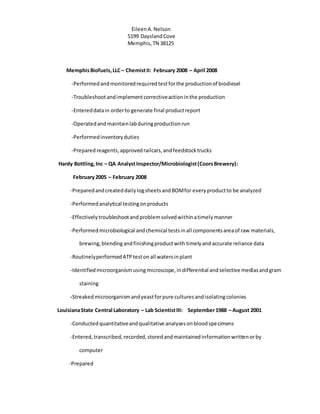 EileenA.Nelson
5199 DayslandCove
Memphis,TN 38125
MemphisBiofuels,LLC – ChemistII: February 2008 – April 2008
-Performedandmonitoredrequiredtestforthe productionof biodiesel
-Troubleshootandimplementcorrectiveactioninthe production
-Entereddatain orderto generate final productreport
-Operatedandmaintainlabduringproductionrun
-Performedinventoryduties
-Preparedreagents,approvedrailcars,andfeedstocktrucks
Hardy Bottling,Inc – QA AnalystInspector/Microbiologist(CoorsBrewery):
February2005 – February 2008
-PreparedandcreateddailylogsheetsandBOMfor everyproductto be analyzed
-Performedanalytical testingonproducts
-Effectivelytroubleshootandproblemsolvedwithinatimelymanner
-Performedmicrobiological andchemical testsinall componentsareaof raw materials,
brewing,blendingandfinishingproductwith timelyandaccurate reliance data
-RoutinelyperformedATPtestonall watersinplant
-Identifiedmicroorganismusing microscope,indifferential andselective mediasandgram
staining
-Streakedmicroorganismandyeastforpure culturesandisolatingcolonies
LouisianaState Central Laboratory – Lab ScientistIII: September1988 – August 2001
-Conductedquantitativeandqualitative analysesonbloodspecimens
-Entered,transcribed,recorded,storedandmaintainedinformationwrittenorby
computer
-Prepared
 