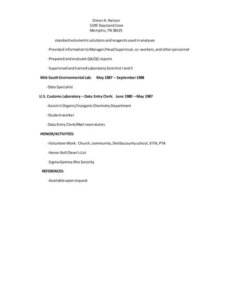EileenA.Nelson
5199 DayslandCove
Memphis,TN 38125
standardvolumetricsolutionsandreagentsusedinanalyses
-ProvidedinformationtoManager/HeadSupervisor,co-workers,andotherpersonnel
-Preparedandevaluate QA/QCreports
-SupervisedandtrainedLaboratoryScientist IandII
Mid-SouthEnvironmental Lab: May 1987 – September1988
-Data Specialist
U.S. Customs Laboratory – Data Entry Clerk: June 1980 – May 1987
-AssistinOrganic/InorganicChemistryDepartment
-Studentworker
-Data Entry Clerk/Mail roomduties
HONOR/ACTIVITIES:
-VolunteerWork: Church,community,Shelbycountyschool,VITA,PTA
-Honor Roll/Dean’sList
-SigmaGamma Rho Sorority
REFERENCES:
-Availableuponrequest
 