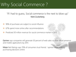 Why Social Commerce ?
“If I had to guess, Social commerce is the next to blow up.”
Mark Zuckerberg
 90% of purchases are subject to social influence
 67% spend more online after recommendations
 Predicted 30 million revenue for social commerce market in 2015
Gartner says companies will generate 50 percent of web sales via their social presence
and mobile applications by 2015
Nilsen Net Ratings says 70% of consumers trust friends ‘ opinion when making
purchasing decisions online
 