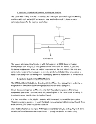 2. Input and Output of the Injection Molding Machine (JB)
The Moser Baer factory uses the J-AD series J 280 580H Open Nozzle type Injection Molding
machines with High Melter M7 Screws and a total weight of around 13.6 tons. A basic
schematic diagram for the machine is as below:
The hopper is the vessel in which the raw PP (Polypropene) or GPPS (General Purpose
Polystyrene) is kept ready to go through the Screw Barrel where it is melted at gradually
increasing temperatures. When the molten plastic reaches the mold it fills it. The mold also
contains its own set of thermocouples to keep the plastic heated at an ideal temperature to
keep it from completely solidifying while also keeping it from its molten state to avoid defects.
3. Input and Output of the SSM IC Machine
The SSM (Solid State Media) is the department in the Moser Baer factory that is pertaining to
the production of flash drives of varying capacities and for various companies.
Circuit Boards are imported by Moser Baer to start the production process. The various
components (Resistors, capacitors, LEDs etc.) are then glued to the circuit board according to
the directions and specifications of the circuit board.
It IC then is attached to the USB 2.0 connector which enables it to be read by USB readers.
These then undergo a process in which the NAND memory is attached to the circuit board. Then
the flash drive goes for testing before it’s cased.
After that the flash drive undergoes NAND activation and F1/F2/H1/H2 testing. Any flash drives
showing defects after the NAND activation and F2 testing are sent for troubleshooting.
 