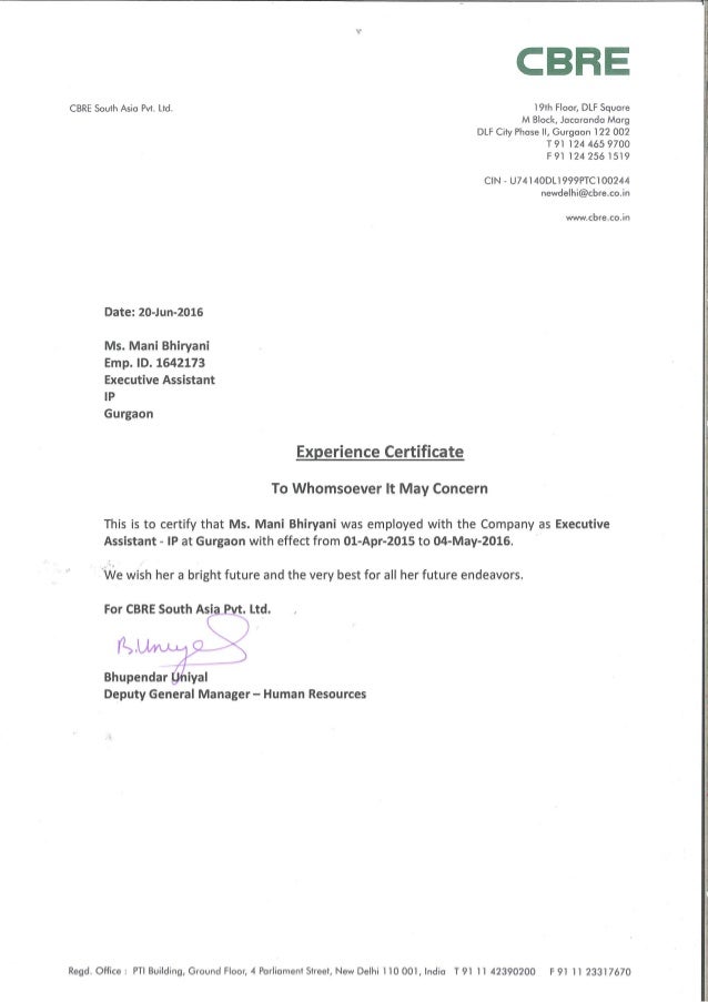 work experience letter cbre work experience letter