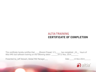 This certificate hereby certifies that ____Bharani Prasad. V S_____ has completed _24__ hours of
Altia HMI tool software training on the following dates: ______10-12 Nov, 2014_______
Presented by_Jeff Stewart, Global FAE Manager___ Date ____13-Nov-2014______
 