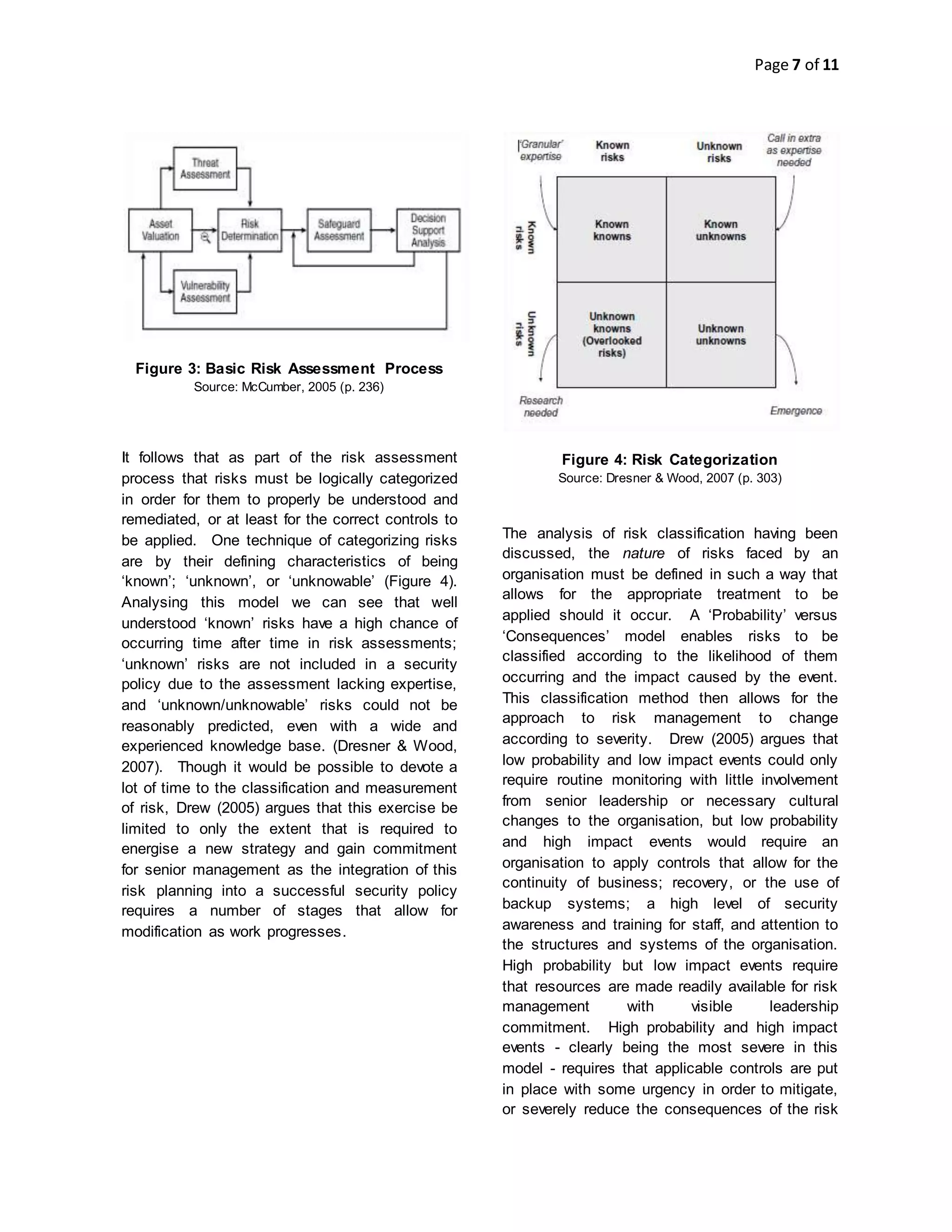 Page 7 of 11
Figure 3: Basic Risk Assessment Process
Source: McCumber, 2005 (p. 236)
It follows that as part of the risk assessment
process that risks must be logically categorized
in order for them to properly be understood and
remediated, or at least for the correct controls to
be applied. One technique of categorizing risks
are by their defining characteristics of being
‘known’; ‘unknown’, or ‘unknowable’ (Figure 4).
Analysing this model we can see that well
understood ‘known’ risks have a high chance of
occurring time after time in risk assessments;
‘unknown’ risks are not included in a security
policy due to the assessment lacking expertise,
and ‘unknown/unknowable’ risks could not be
reasonably predicted, even with a wide and
experienced knowledge base. (Dresner & Wood,
2007). Though it would be possible to devote a
lot of time to the classification and measurement
of risk, Drew (2005) argues that this exercise be
limited to only the extent that is required to
energise a new strategy and gain commitment
for senior management as the integration of this
risk planning into a successful security policy
requires a number of stages that allow for
modification as work progresses.
Figure 4: Risk Categorization
Source: Dresner & Wood, 2007 (p. 303)
The analysis of risk classification having been
discussed, the nature of risks faced by an
organisation must be defined in such a way that
allows for the appropriate treatment to be
applied should it occur. A ‘Probability’ versus
‘Consequences’ model enables risks to be
classified according to the likelihood of them
occurring and the impact caused by the event.
This classification method then allows for the
approach to risk management to change
according to severity. Drew (2005) argues that
low probability and low impact events could only
require routine monitoring with little involvement
from senior leadership or necessary cultural
changes to the organisation, but low probability
and high impact events would require an
organisation to apply controls that allow for the
continuity of business; recovery, or the use of
backup systems; a high level of security
awareness and training for staff, and attention to
the structures and systems of the organisation.
High probability but low impact events require
that resources are made readily available for risk
management with visible leadership
commitment. High probability and high impact
events - clearly being the most severe in this
model - requires that applicable controls are put
in place with some urgency in order to mitigate,
or severely reduce the consequences of the risk
 