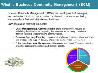 What is Business Continuity Management (BCM)
Business Continuity Management (BCM) is the development of strategies,
plan and actions that provide protection or alternative mode for achieving
operational and financial objectives of business.
BCM consists of following elements:
Crisis Management & Communication; crisis management focuses on
stabilizing the situation an preparing the business for recovery operations
through planning, leadership and communication.
Business Recovery Planning; involves resumption of business critical functions
and processes to support delivery of products and services to customers
IT Service Continuity Management; It is recovery of critical IT assets, including
systems, applications, storage and network assets.
Operational
Objectives
Commercial
Objectives
Compliance
Objectives
 