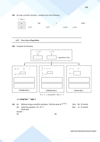 146
JABATAN PENDIDIKAN NEGERI SABAH
103 By using a scientific calculator, complete each of the following :
10
log
y x
=
x 300 3 0.003
y 3.477 1.477 −0.523 −1.523
==========================================================================================================================================
4.3.2 Prove laws of logarithms.
==========================================================================================================================================
104 Complete the following :
 using law ~ type 1
105 (a) Without using a scientific calculator, find the value of
2log 4
5
5 . (Ans : 16) [2 marks]
(b) Solve the equation 27 = 8 x
2
log
. (Ans : 3) [3 marks]
[Forecast]
Answer :
(a) (b)
x = ap
~ logarithmic form
y = aq
xy = ( ) ( )
xy = a
( Product law )
x
y
=
a
x
y
=
( Division law )
xn
= ( ) n
( Power law )
xn
=
if a, x, y are positive, and a  1
 