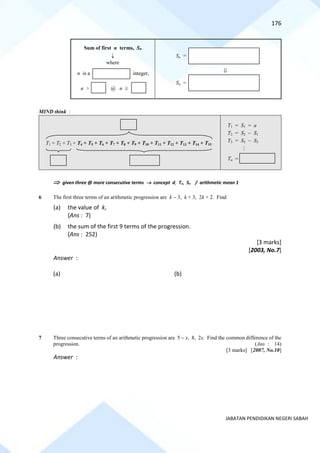 176
JABATAN PENDIDIKAN NEGERI SABAH
Sum of first n terms, Sn

where
MIND think :
 given three @ more consecutive terms → concept d, Tn, Sn / arithmetic mean 1
6 The first three terms of an arithmetic progression are k − 3, k + 3, 2k + 2. Find
(a) the value of k,
(Ans : 7)
(b) the sum of the first 9 terms of the progression.
(Ans : 252)
[3 marks]
[2003, No.7]
Answer :
(a) (b)
7 Three consecutive terms of an arithmetic progression are 5 − x, 8, 2x. Find the common difference of the
progression. (Ans : 14)
[3 marks] [2007, No.10]
Answer :
n is a integer,
n > @ n 
Sn =
Sn =

T1 + T2 + T3 + T4 + T5 + T6 + T7 + T8 + T9 + T10 + T11 + T12 + T13 + T14 + T15
T1 = S1 = a
T2 = S2 − S1
T3 = S3 − S2

Tn =
 